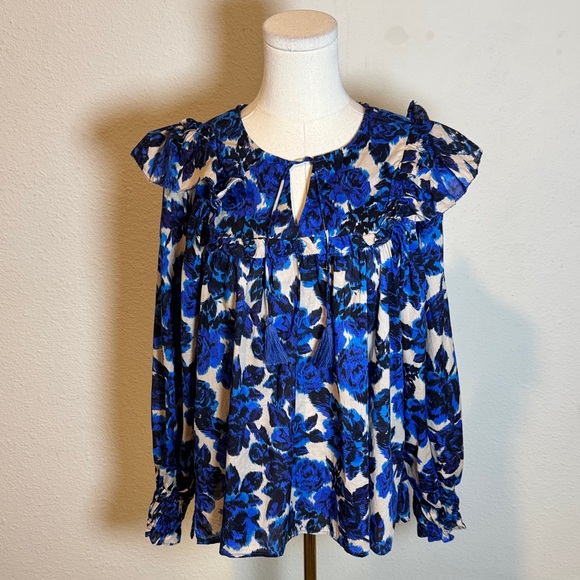 Olivaceous Blue & Black Cotton Floral Boho Blouse size Large - Picture 3 of 16